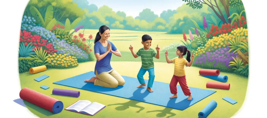 Kindgerechte Yogauebungen auf der Yogamatte spielerisch erklaeren und ausfuehren